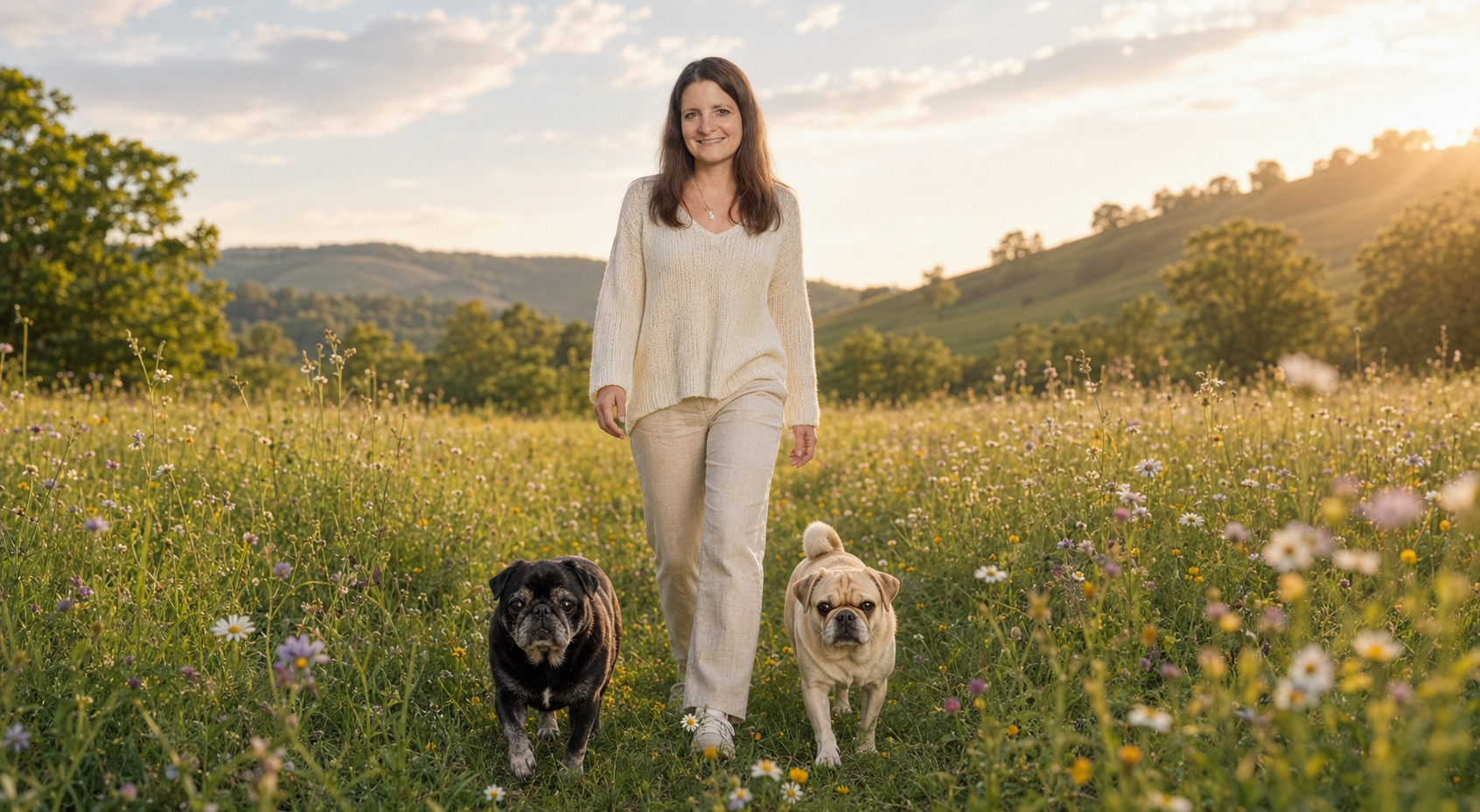 Natascha Knorpp mit Frank und Josy auf einem Spaziergang durch eine Blumenwiese