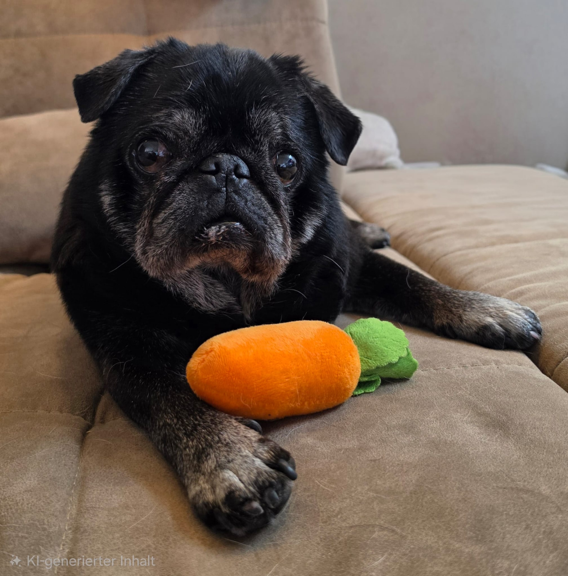 Portrait des schwarzen Mopses Frank auf dem Sofa