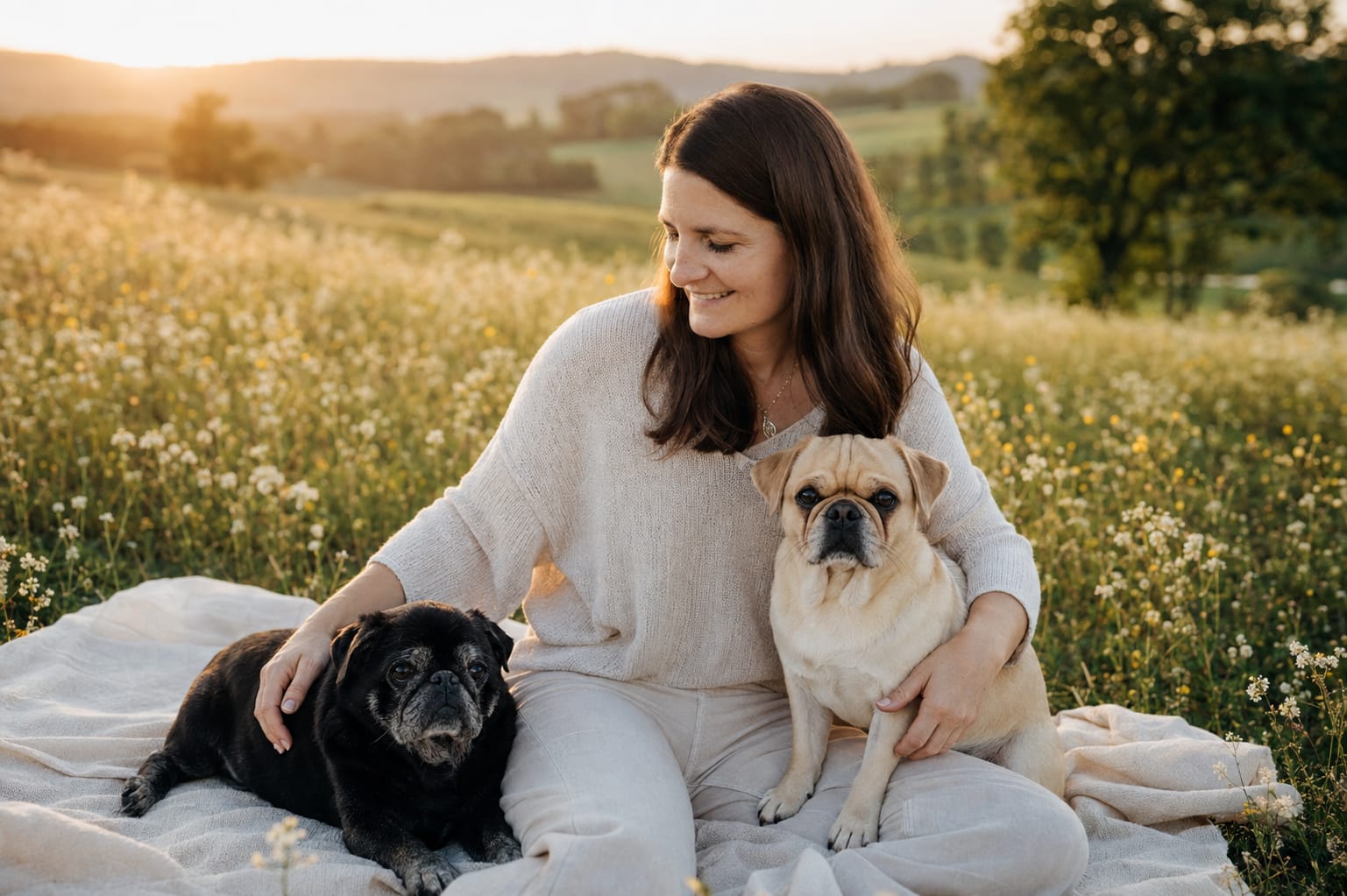 Natascha mit Frank und Josy auf einer Blumenwiese
