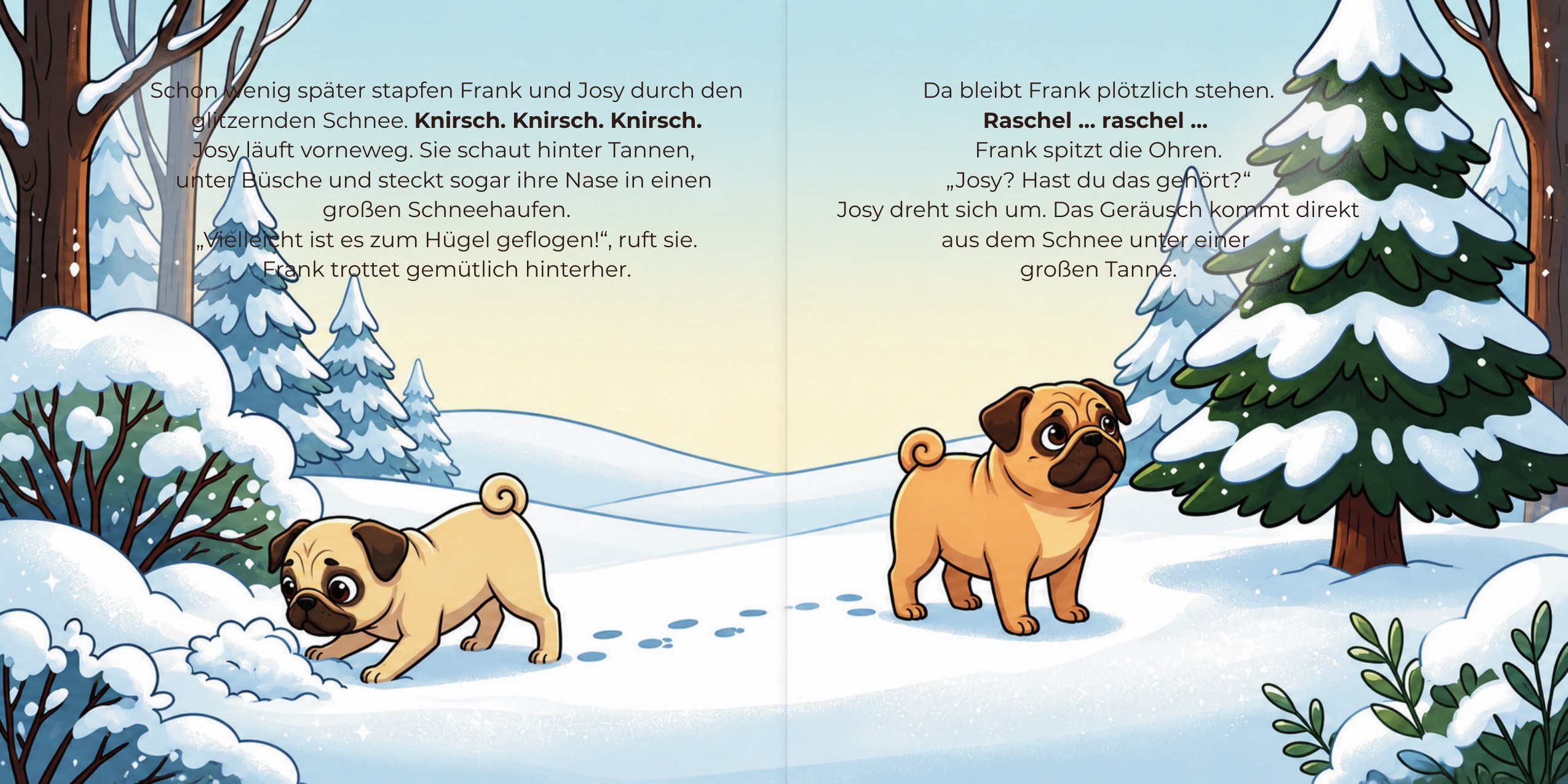 Illustrierte Doppelseite aus dem Weihnachtsabenteuer von Josy und Frank