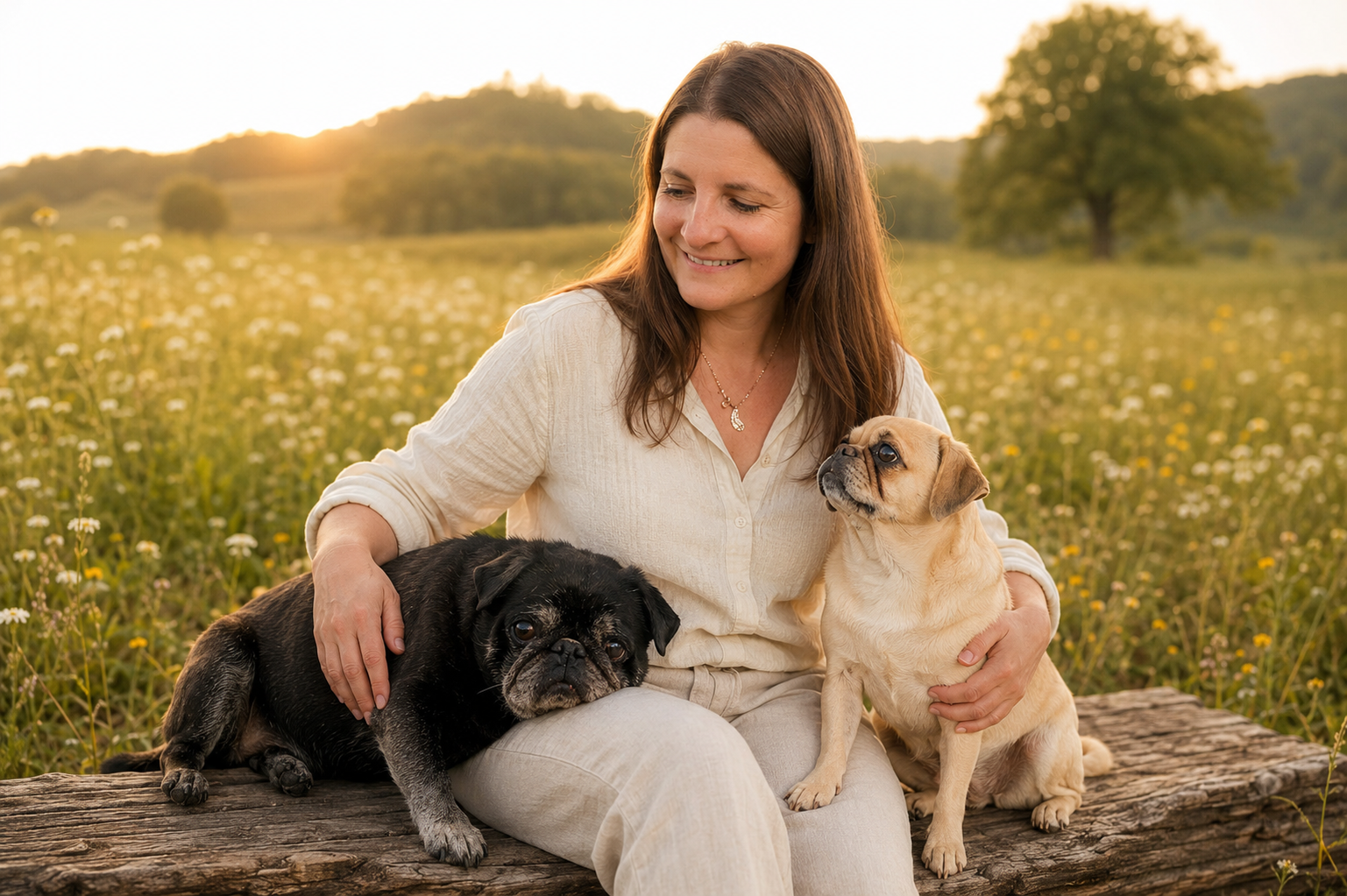 Natascha Knorpp mit ihren beiden Möpsen Frank und Josy auf einer Wiese