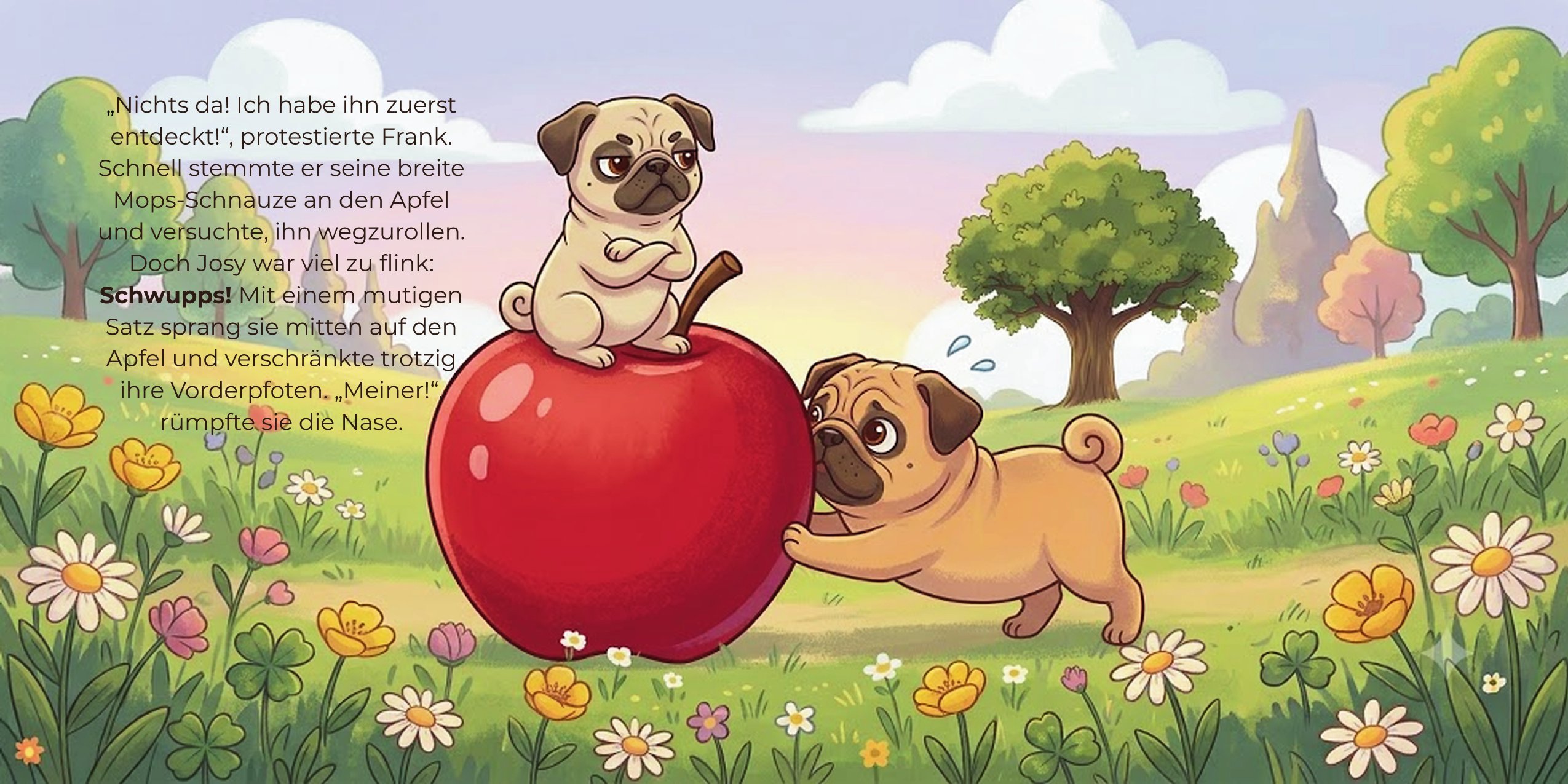 Doppelseite: Josy und Frank entdecken den riesigen roten Apfel unter dem Baum